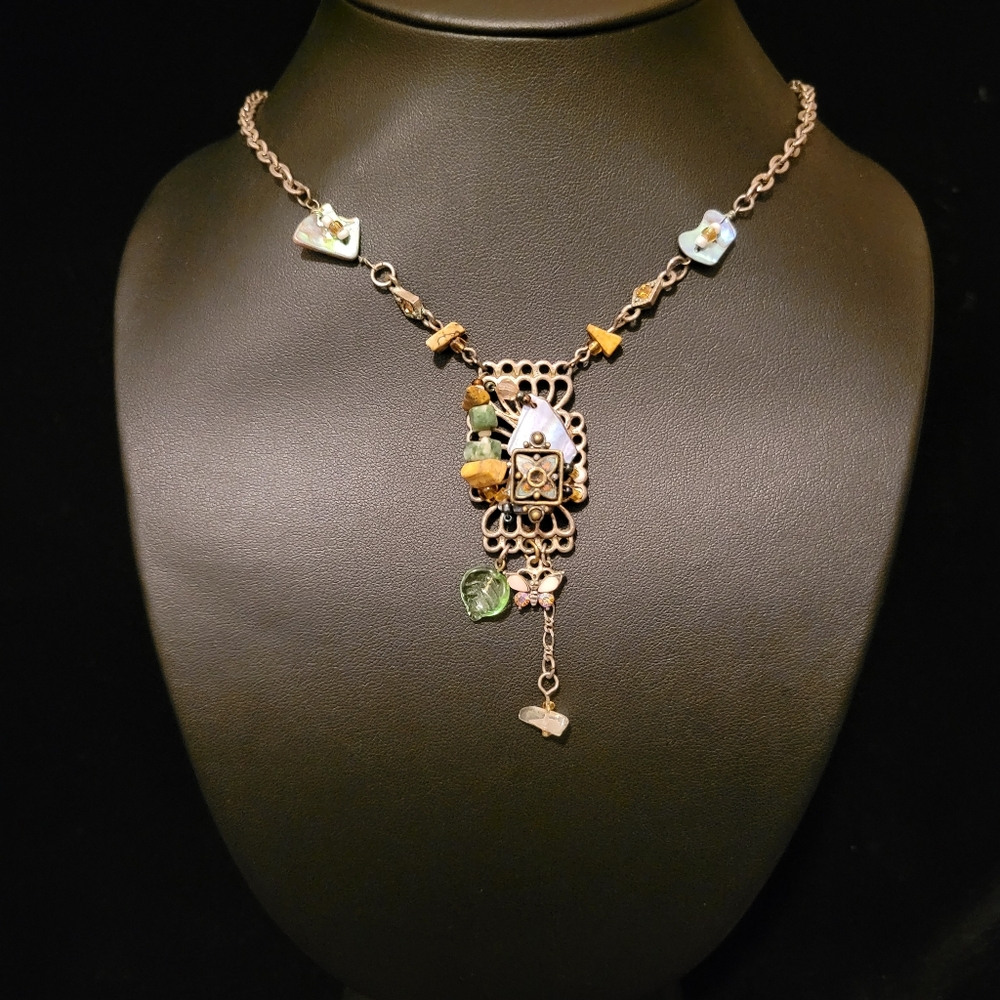 Estate Stone, Glass & Shell Charm Dangle Necklace
